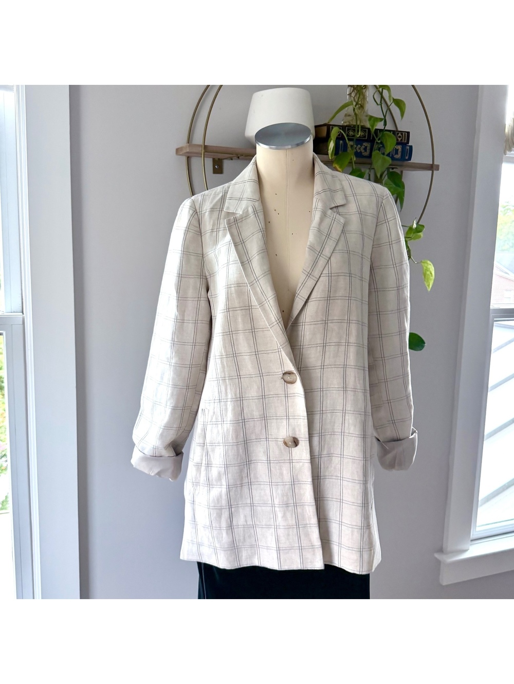 Madewell Beige | Gray Linen Blend Plaid Blazer Jacket Size M